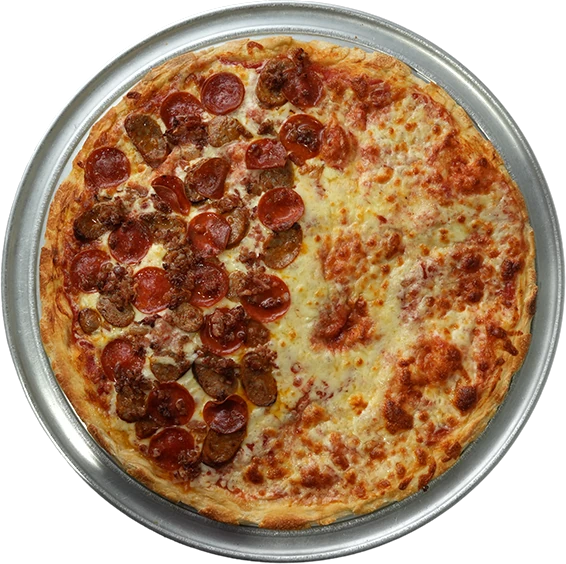 Morales Pizzeria pizza photographed from above, half topped with meat and half cheese