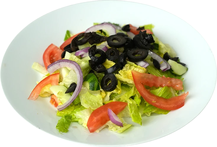 Morales Pizzeria salad with greens, tomato, onion and olives